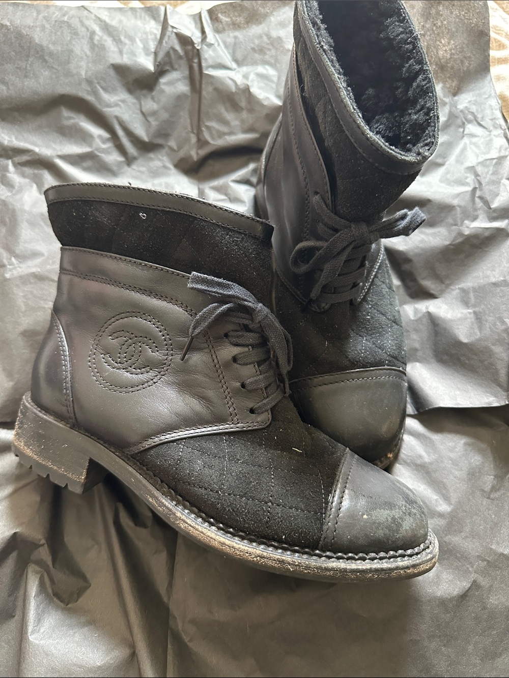 CHANEL Black Quilted Leather & Suede Lace-Up Ankle Boots